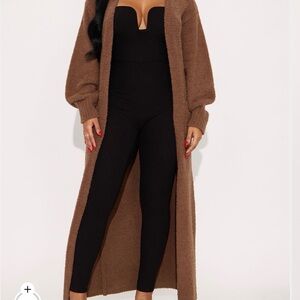 Fashion Nova Black Jumpsuit with Brown Cardigan